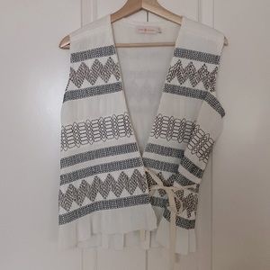 Tory Burch v-neck tie top. White with black string pattern. Size 6.